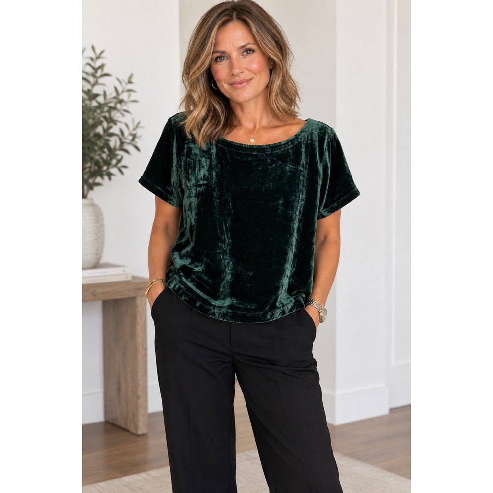 Eileen Fisher Forest Green Silk Blend Velvet Short Sleeve Boxy Top Size S Petite